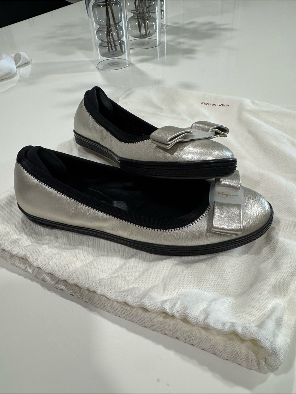 Salvatore Ferragamo Metallic Silver Vara Bow Slip-On Flats